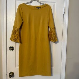 Sharagano Mustard Midi Dress with Lace Bell Sleeves